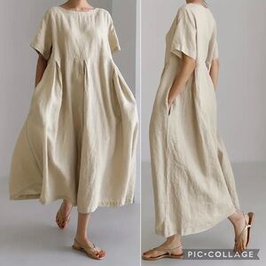 New Linen Cotton Crew Neck With Pocket Loose Dress Short Sleeve Solid Cream NWT